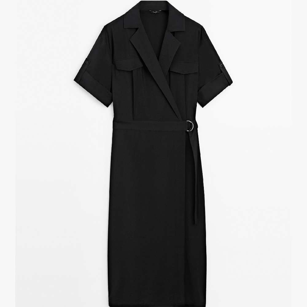 Платье Massimo Dutti Shirt With Belt, черный цена и фото