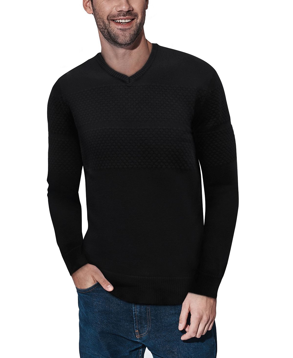 Мужской свитер сотовой вязки с v-образным вырезом X-Ray, черный пуловер с v образным вырезом из льна