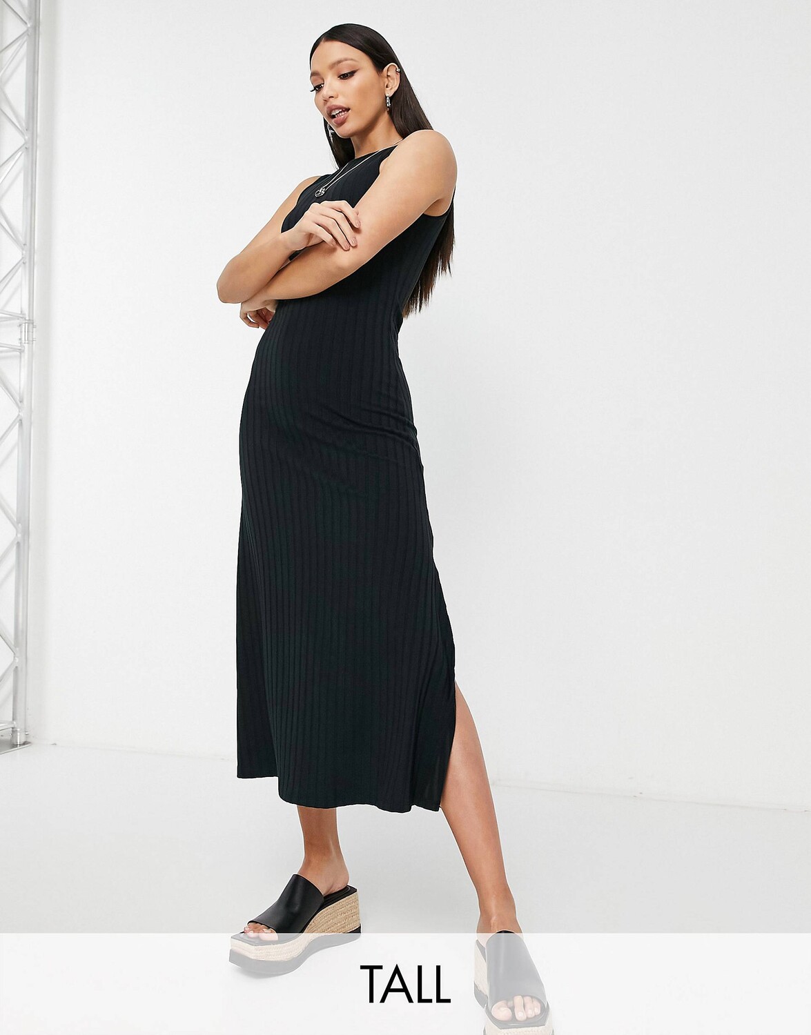

Черное платье миди премиум-класса из джерси в широкую рубчик Topshop Tall