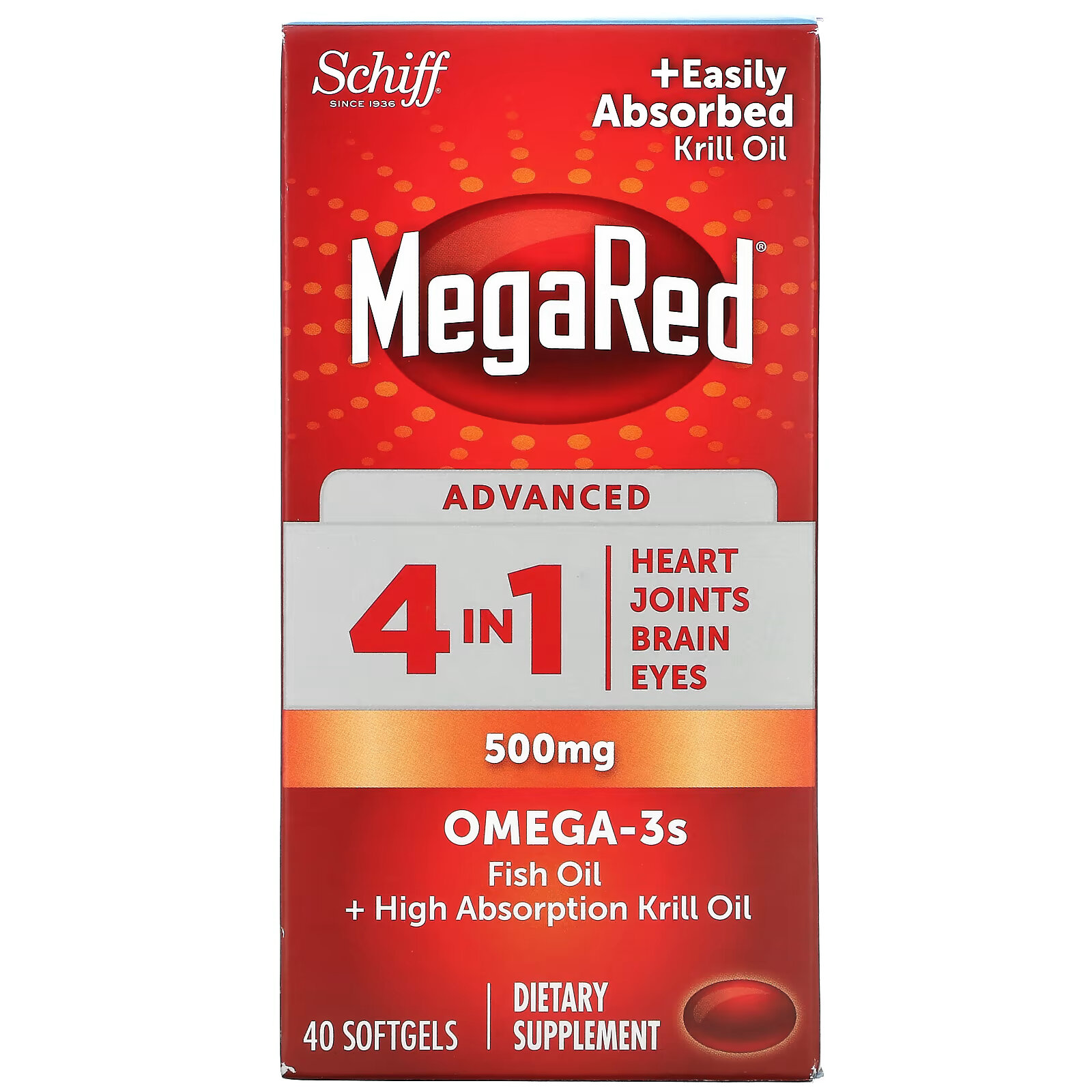 Schiff, MegaRed, Advanced 4 в 1 Омега-3, 500 мг, 40 мягких таблеток schiff megared превосходное масло криля с омега 3 повышенная сила действия 500 мг 90 мягких таблеток