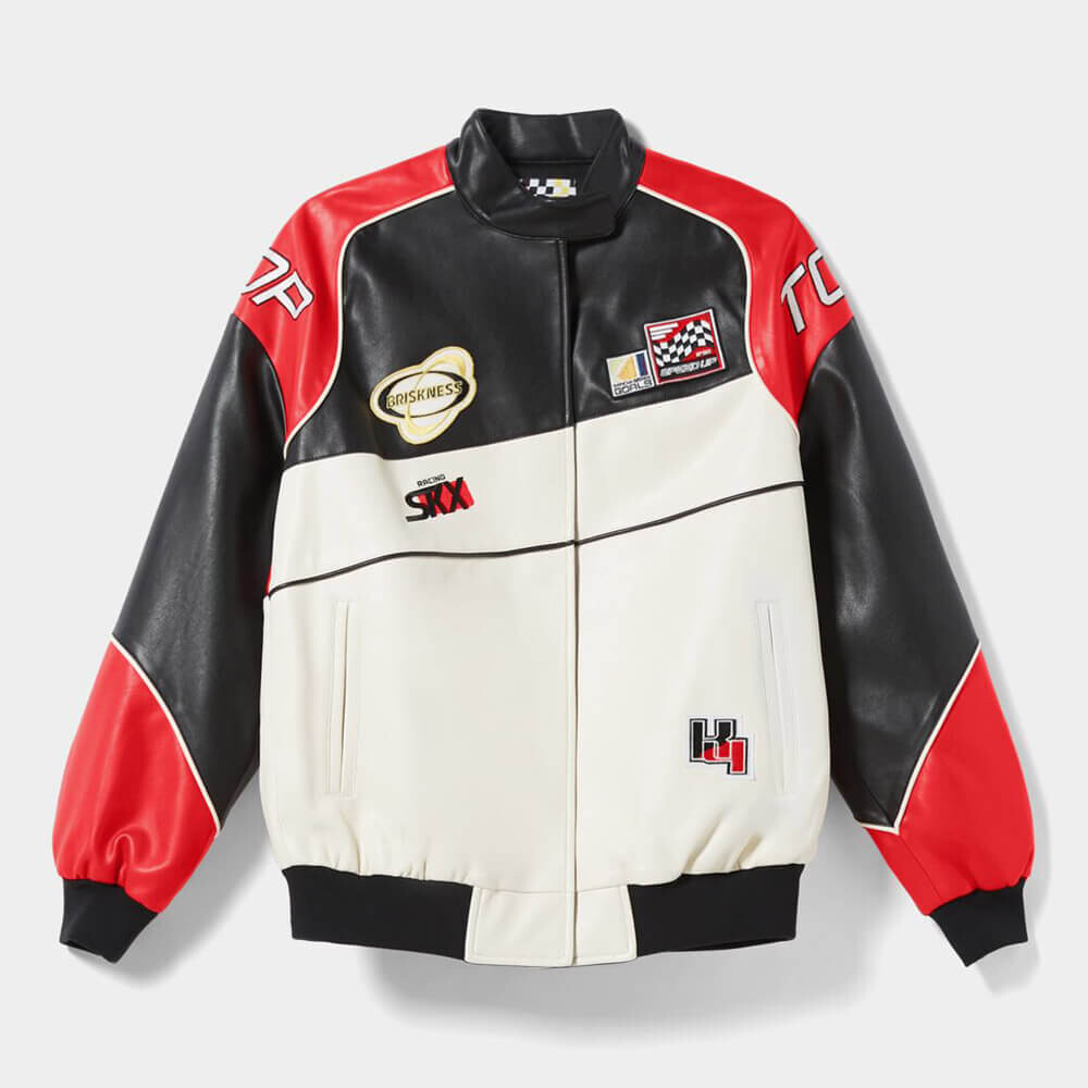 

Куртка Bershka Faux Leather Racing Bomber, красный/белый/черный