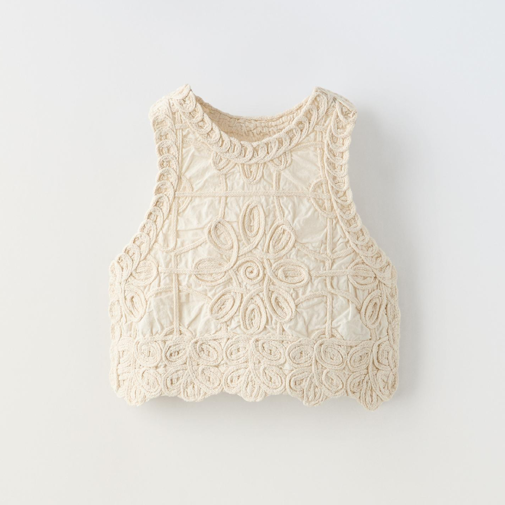 Топ Zara Macramé Knit, экрю толстовка zara shiny chunky knit экрю