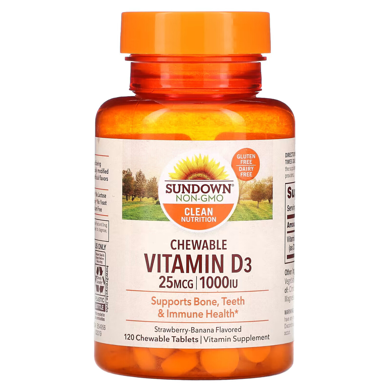 

Sundown Naturals, Жевательный витамин D3 со вкусом клубники и банана, 25 мг (1000 МЕ), 120 жевательных таблеток