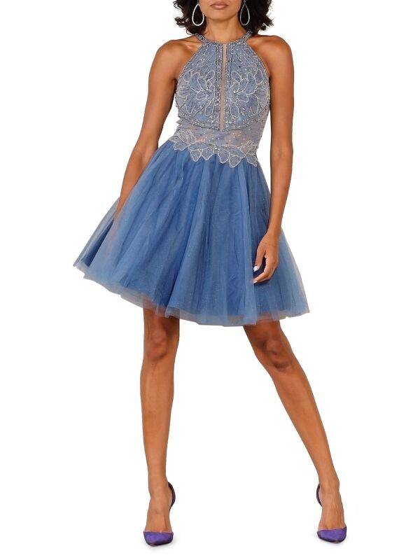 

Расклешенное вечернее платье с высоким вырезом из бисера Terani Couture Blue