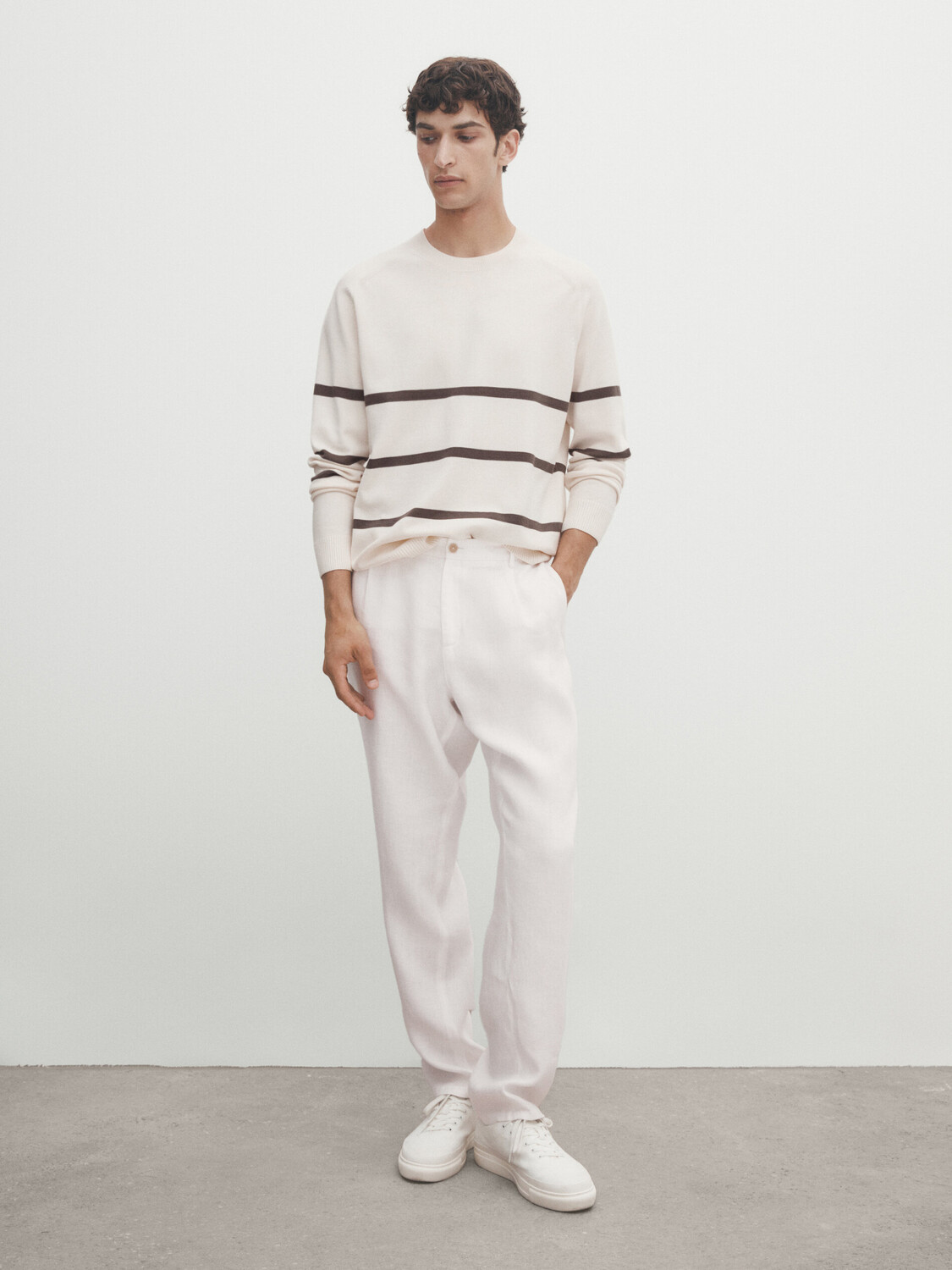 

Комфортный трикотажный свитер в полоску с круглым вырезом Massimo Dutti, кремовый, Бежевый