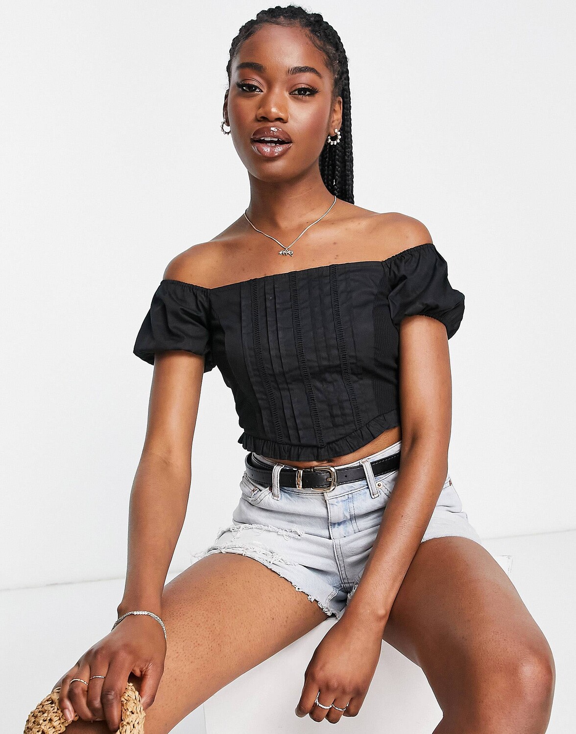 

Черный текстурированный топ с пышными рукавами Miss Selfridge