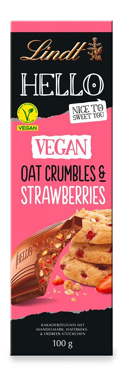 

Шоколад веганский Lindt Hello Oat Crumbles & Strawberries, с печеньем и клубникой, 100г