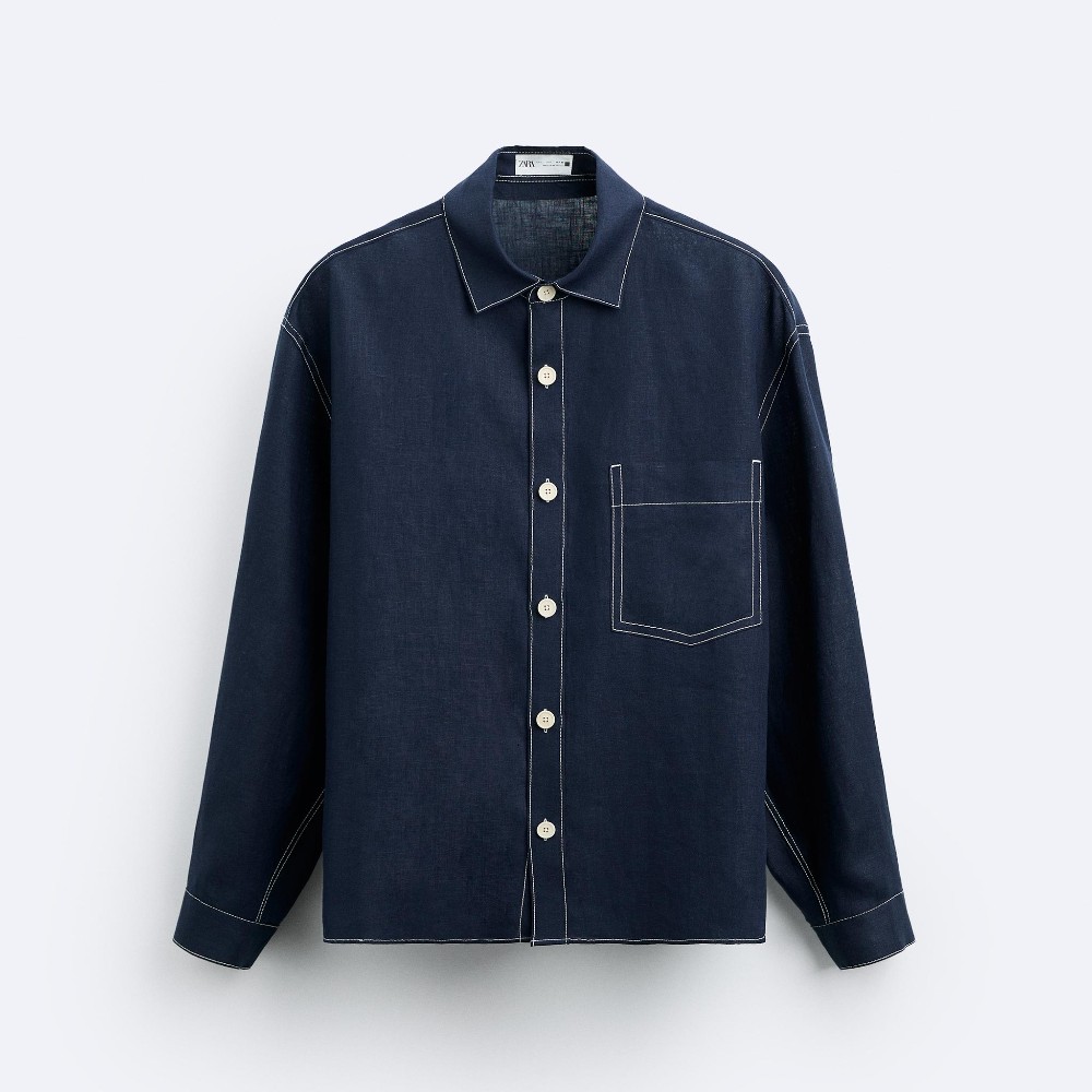 Рубашка Zara 100% Linen With Topstitching, синий