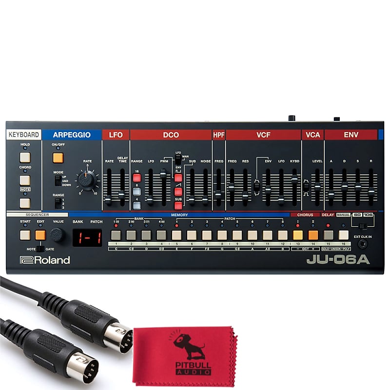 Звуковой модуль синтезатора Roland JU-06A с 5-футовым MIDI-кабелем и аудиотканью Pitbull