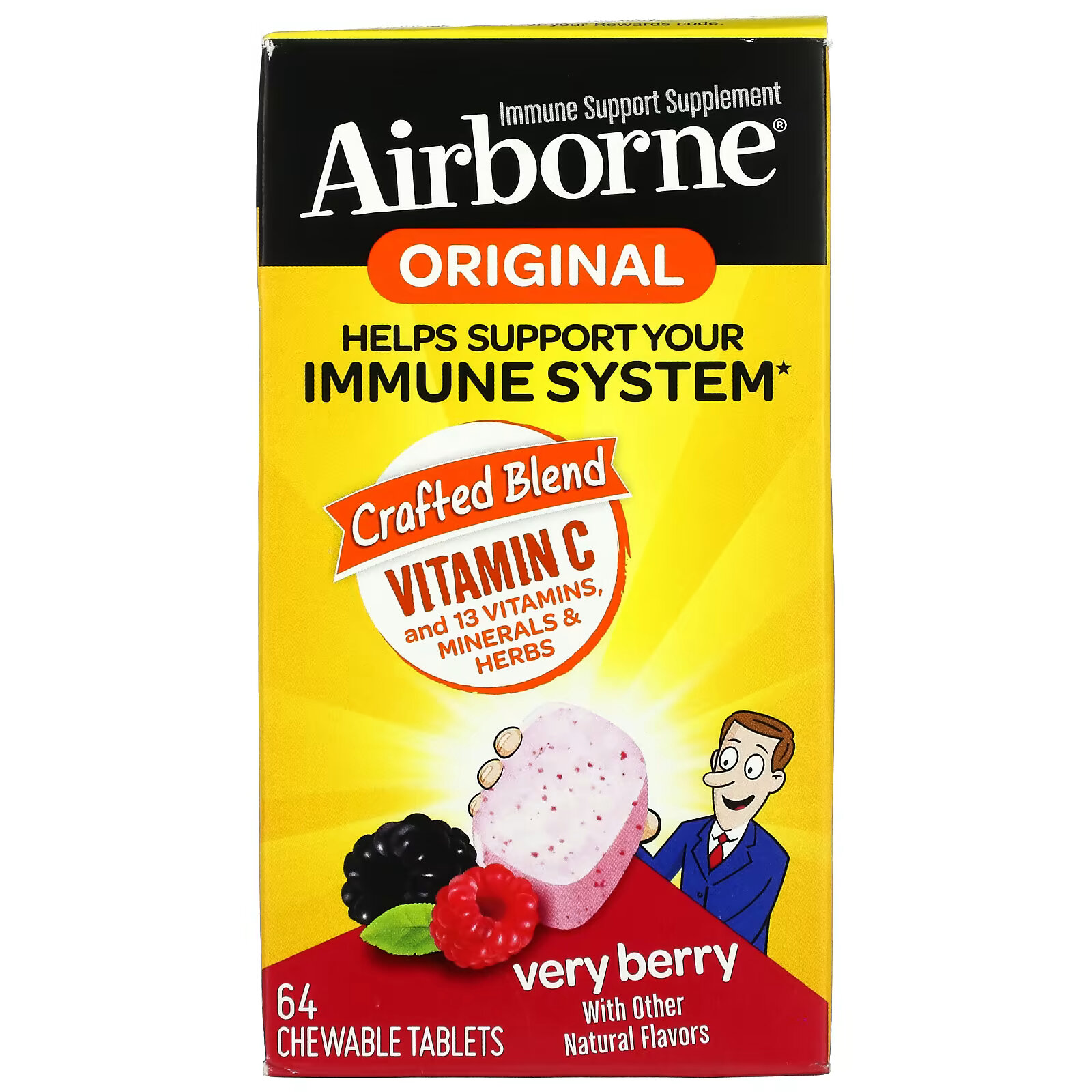 AirBorne, оригинальная добавка для укрепления иммунитета со вкусом ягод, 64 жевательные таблетки vitables жевательная добавка для укрепления детского иммунитета со вкусом тропических ягод 90 вегетарианских жевательных таблеток