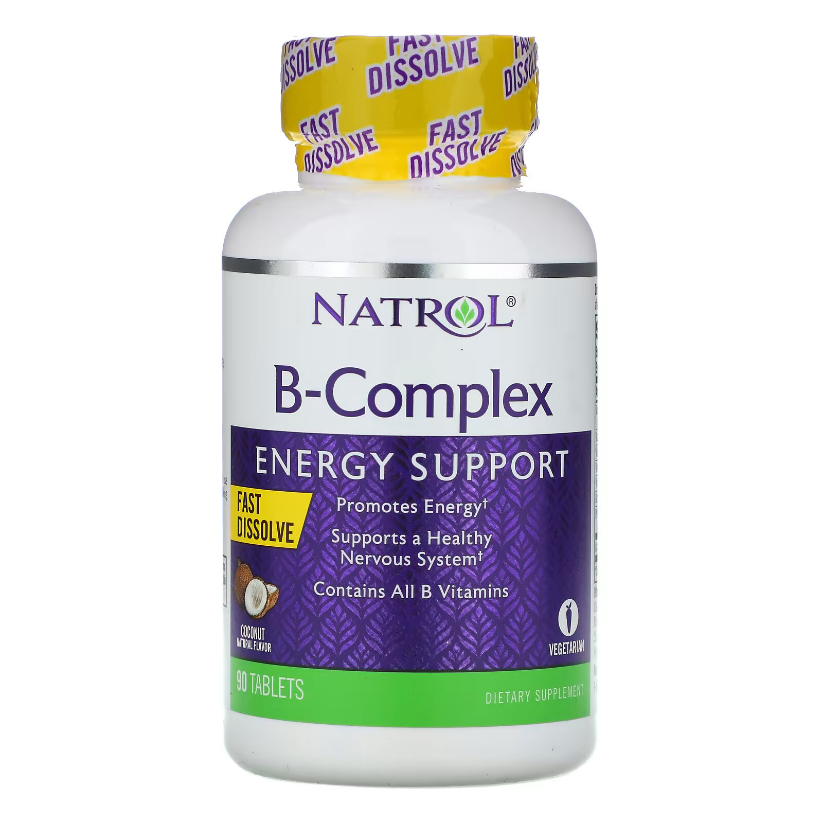 Natrol, Комплекс витаминов группы B, быстрорастворимые, натуральный кокосовый вкус, 90 таблеток kal комплекс коферментов витаминов группы b натуральный вкус мяты и какао 60 жевательных таблеток