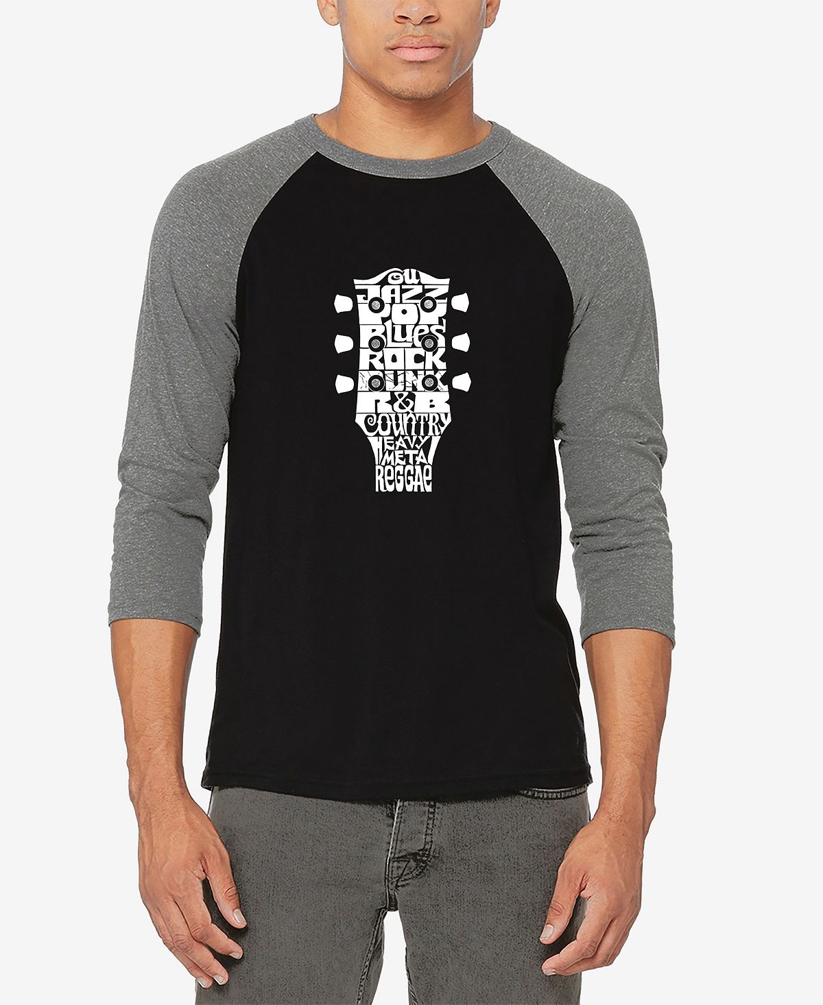 Мужская футболка с бейсбольным регланом word art guitar head music genres LA Pop Art, мульти