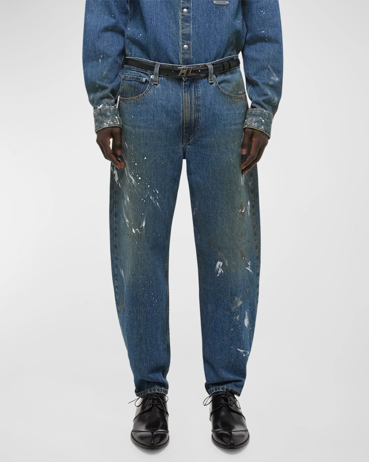 

Мужские регулируемые джинсы с брызгами краски Helmut Lang, цвет Mid Indigo Painter