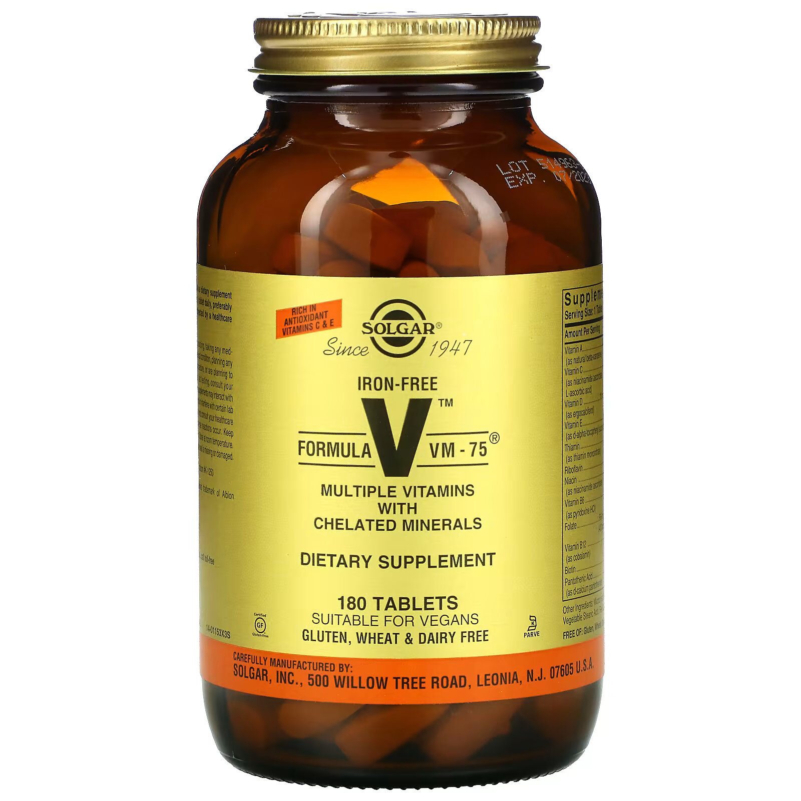 Solgar, Formula VM-75, комплексные витамины с микроэлементами в хелатной форме, без железа, 180 таблеток solgar formula v vm 75 комплексные витамины с хелатными минералами 90 таблеток