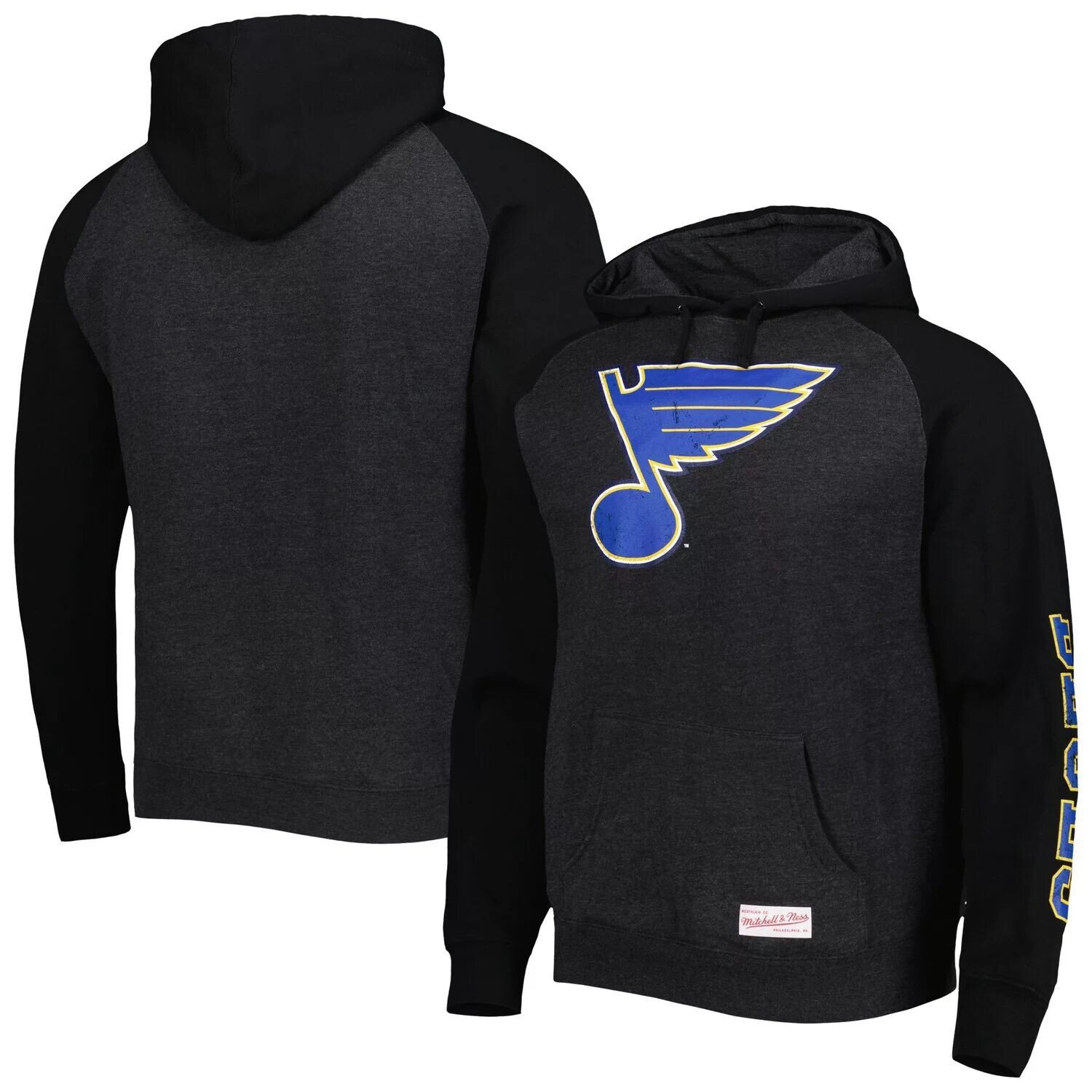 

Мужской пуловер с капюшоном Mitchell & Ness Heather Black St. Louis Blues и рваным логотипом реглан