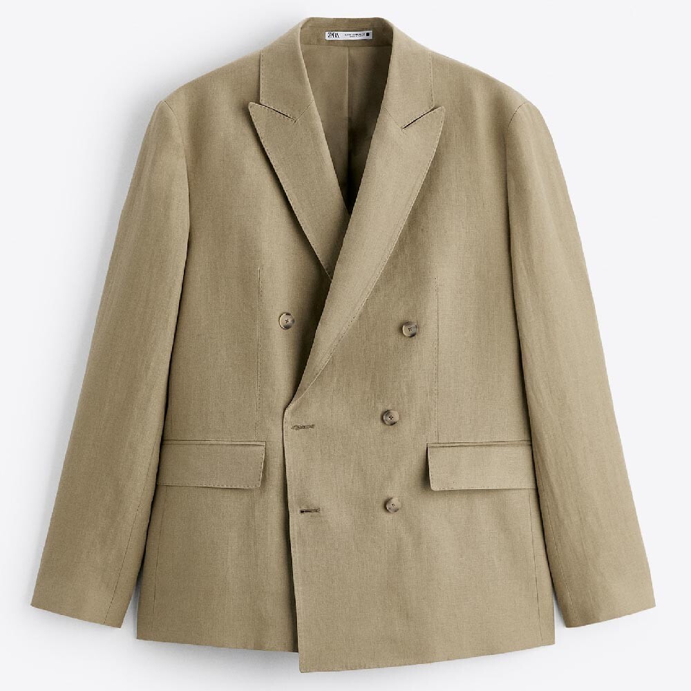 

Пиджак Zara Double-breasted Linen, бежевый/зеленый