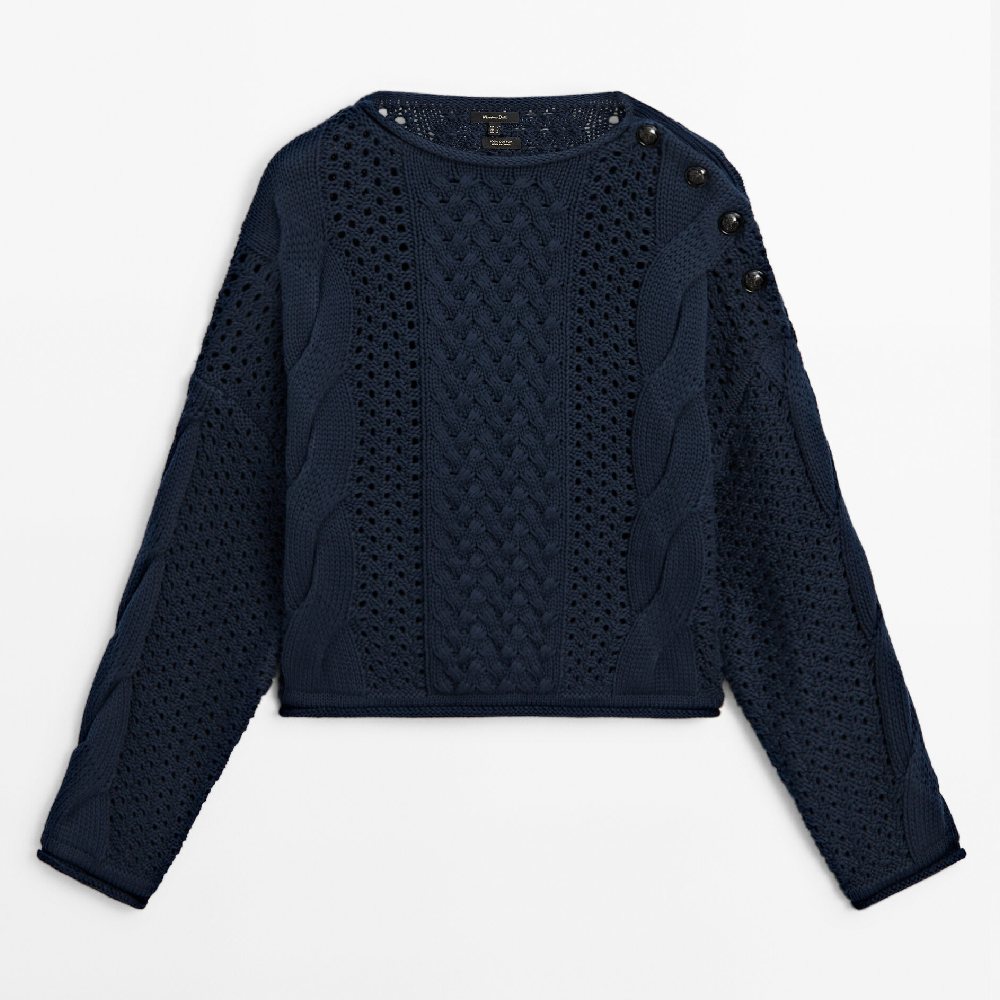 Свитер Massimo Dutti Open-knit With Button Detail, темно-синий свитер massimo dutti oblique knit detail тёмно зелёный