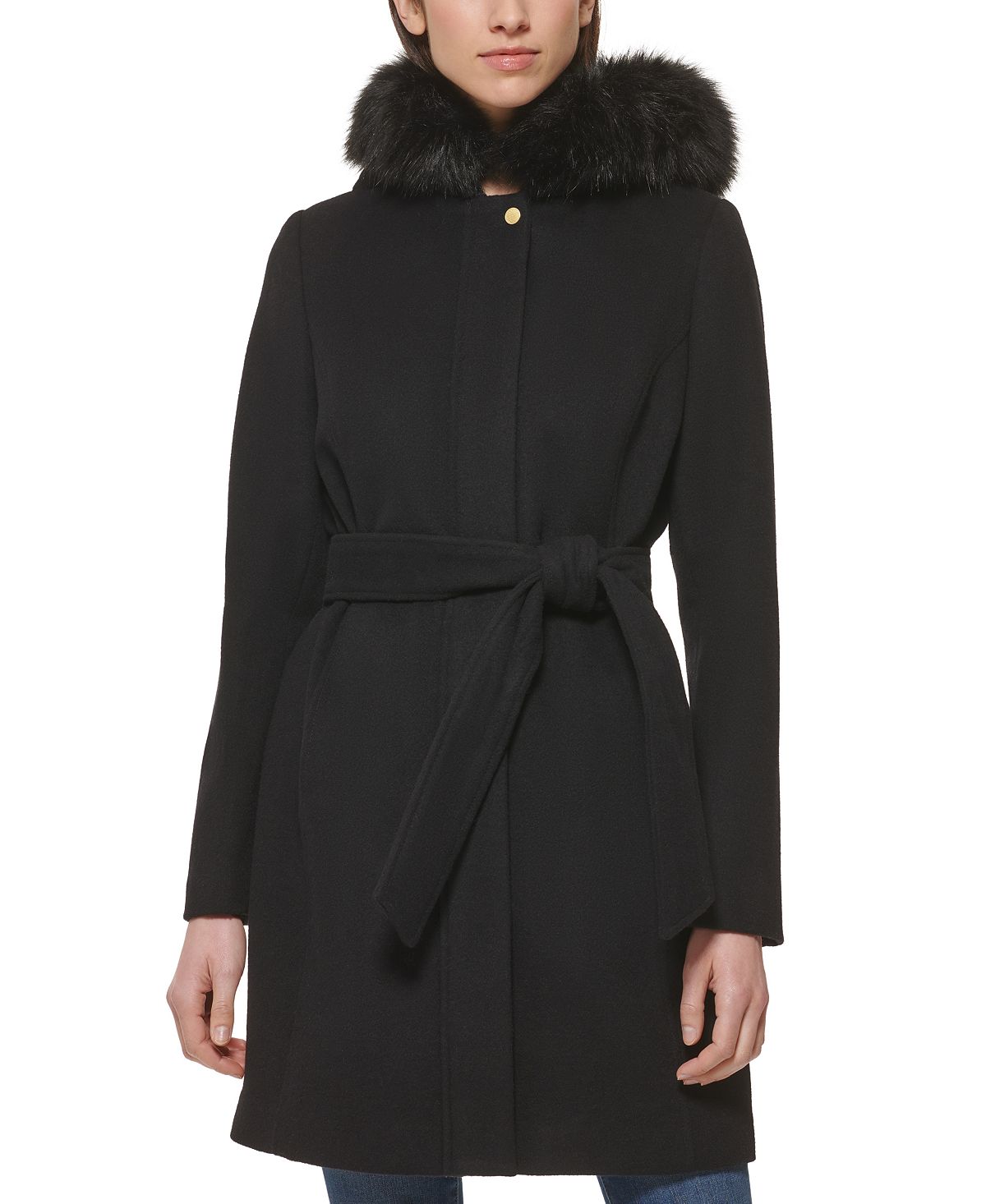 Женское пальто с капюшоном и отделкой из искусственного меха с поясом Cole Haan, черный пальто с искусственным мехом gusto бежевый