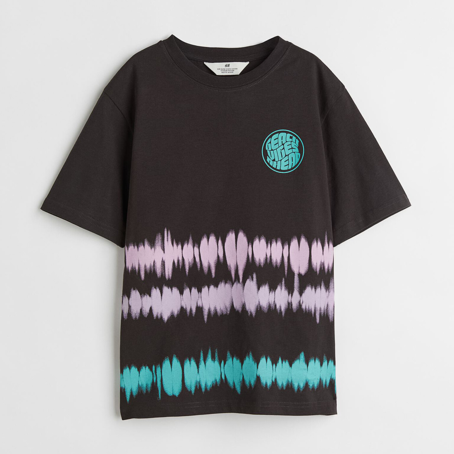 

Футболка с принтом H&M Tie-dye Beach vibes ahead, черный/бирюзовый/фиолетовый