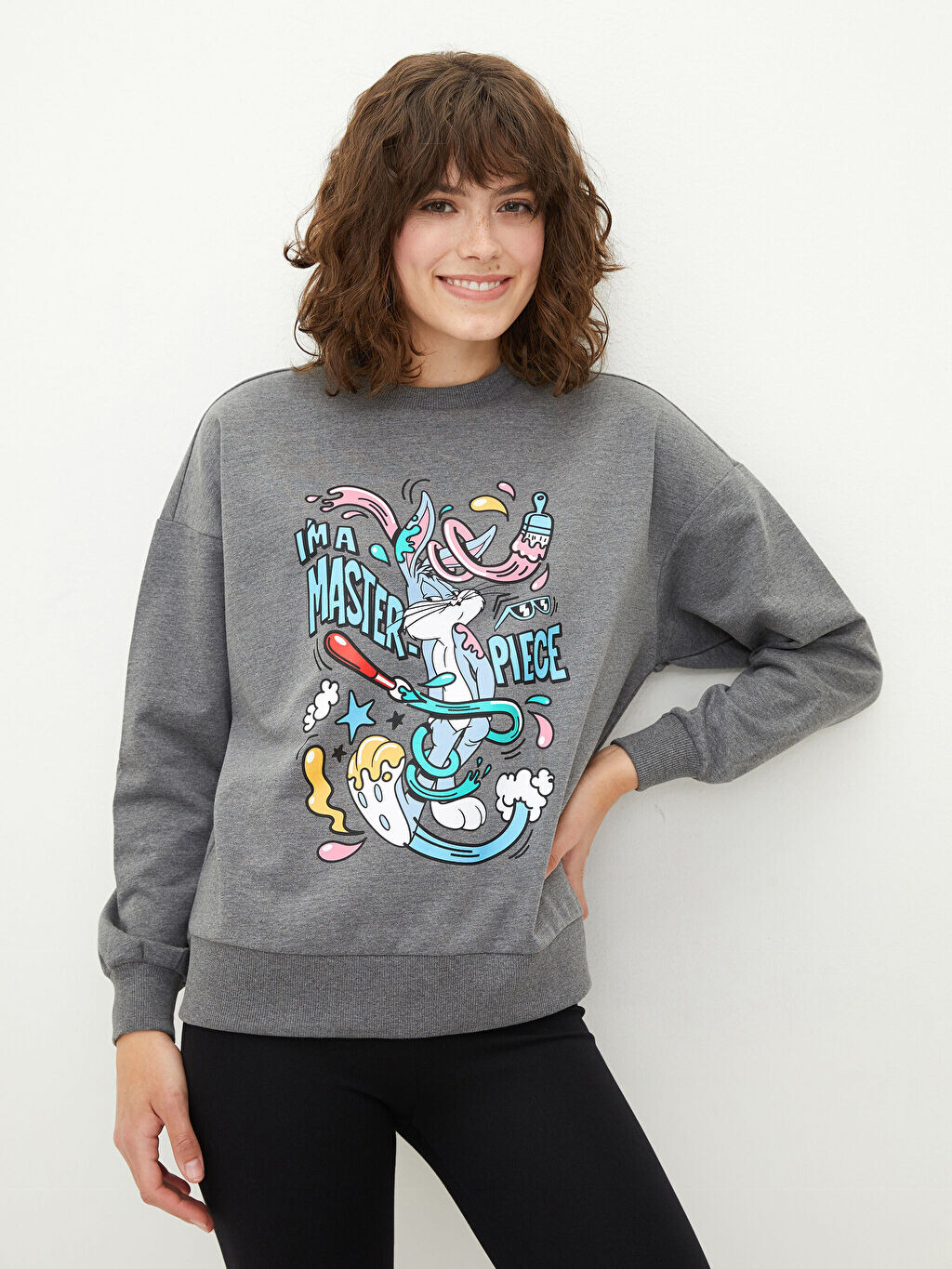 

Женская толстовка с длинным рукавом с круглым вырезом и принтом Bugs Bunny LCW Casual, Серый