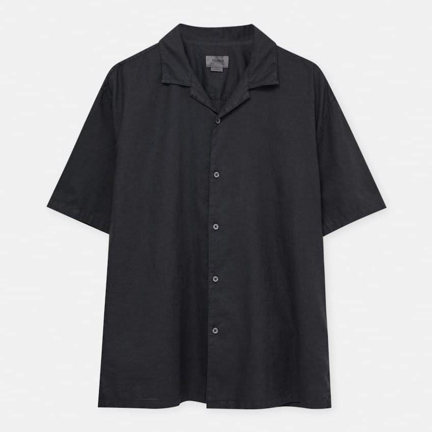 Рубашка Pull&Bear Basic Short Sleeve Linen Blend, черный