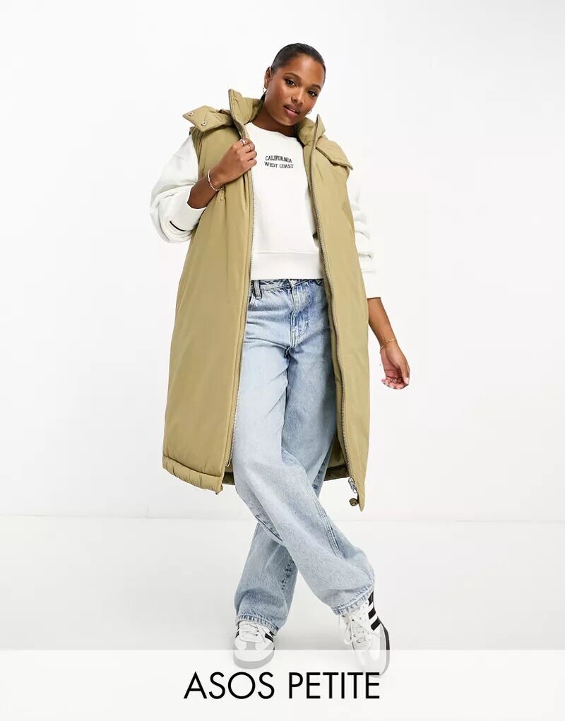 

Удлиненный жилет из ткани выцветшего хаки ASOS DESIGN Petite