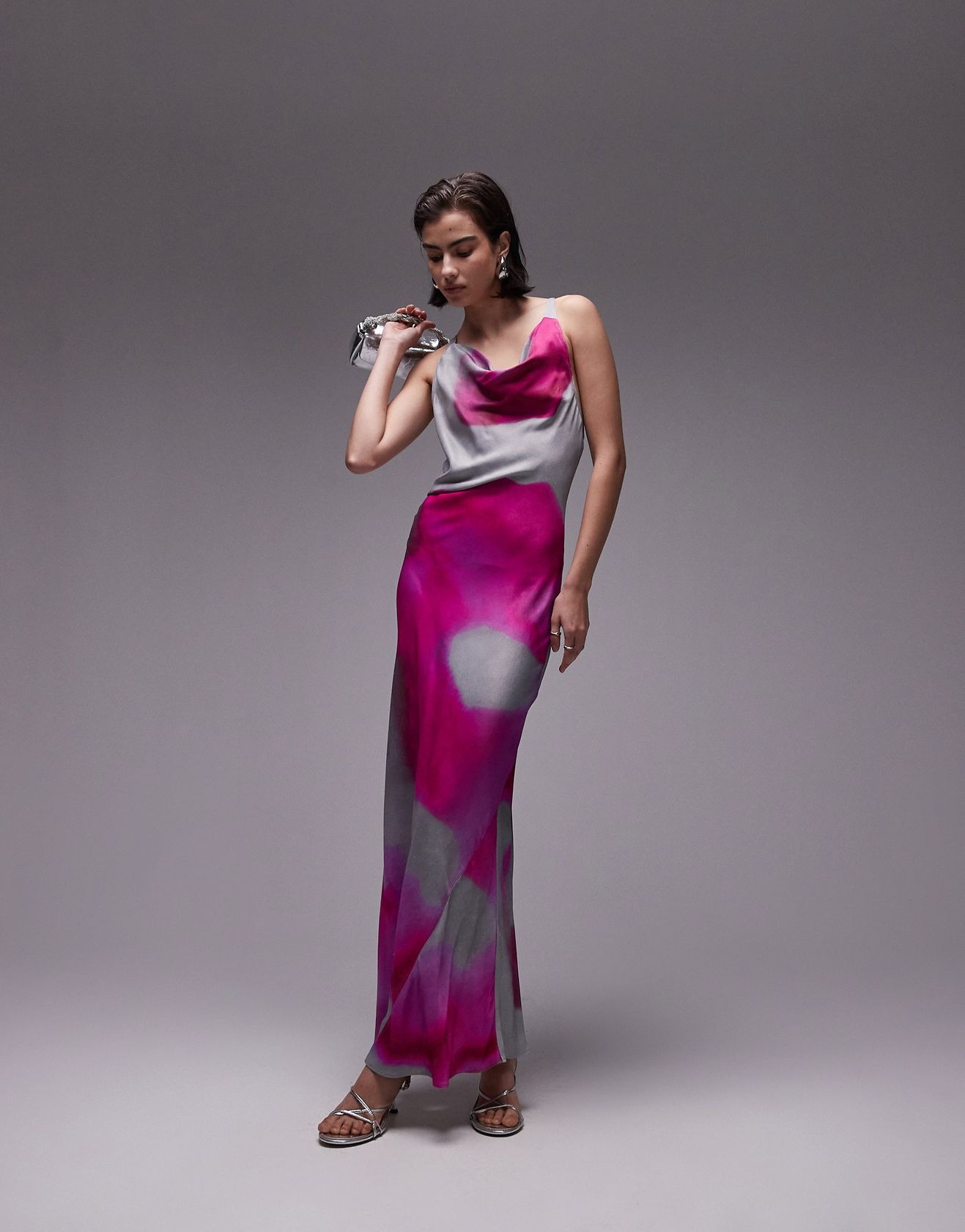 Платье Topshop High Square Neckline Maxi With Blurred Print, розовый/серый
