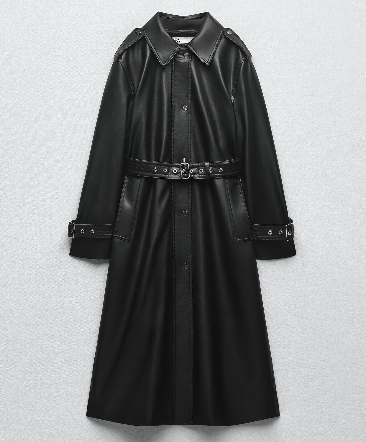

Тренч Zara Faux Leather With Belt, черный