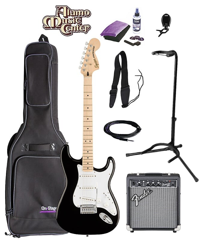 

Squier Affinity Series Stratocaster, Maple FB, черный комплект с сумкой для гитары и усилителем | 0378002506Б2 Affinity Series Stratocaster, Maple FB, Bundle w/ Gig Bag and Amp
