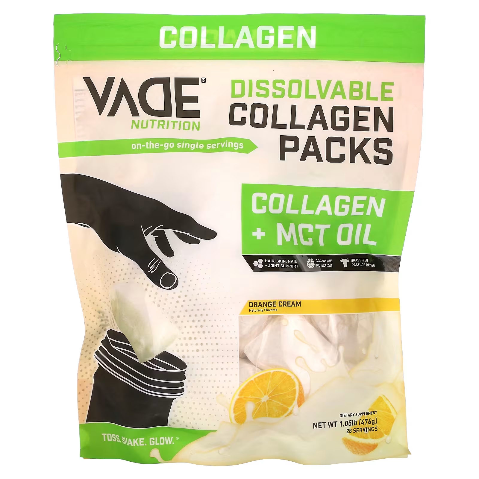 Коллаген + масло MCT Vade Nutrition Dissolvable Collagen Packs со вкусом апельсинового крема, 476 г