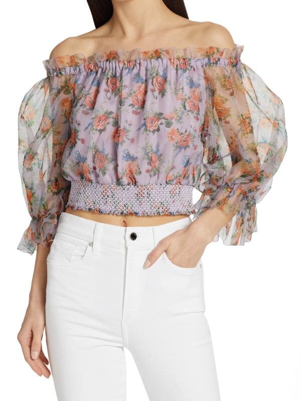 

Шелковый укороченный топ caprina с пышными рукавами Alice + Olivia Purple multi