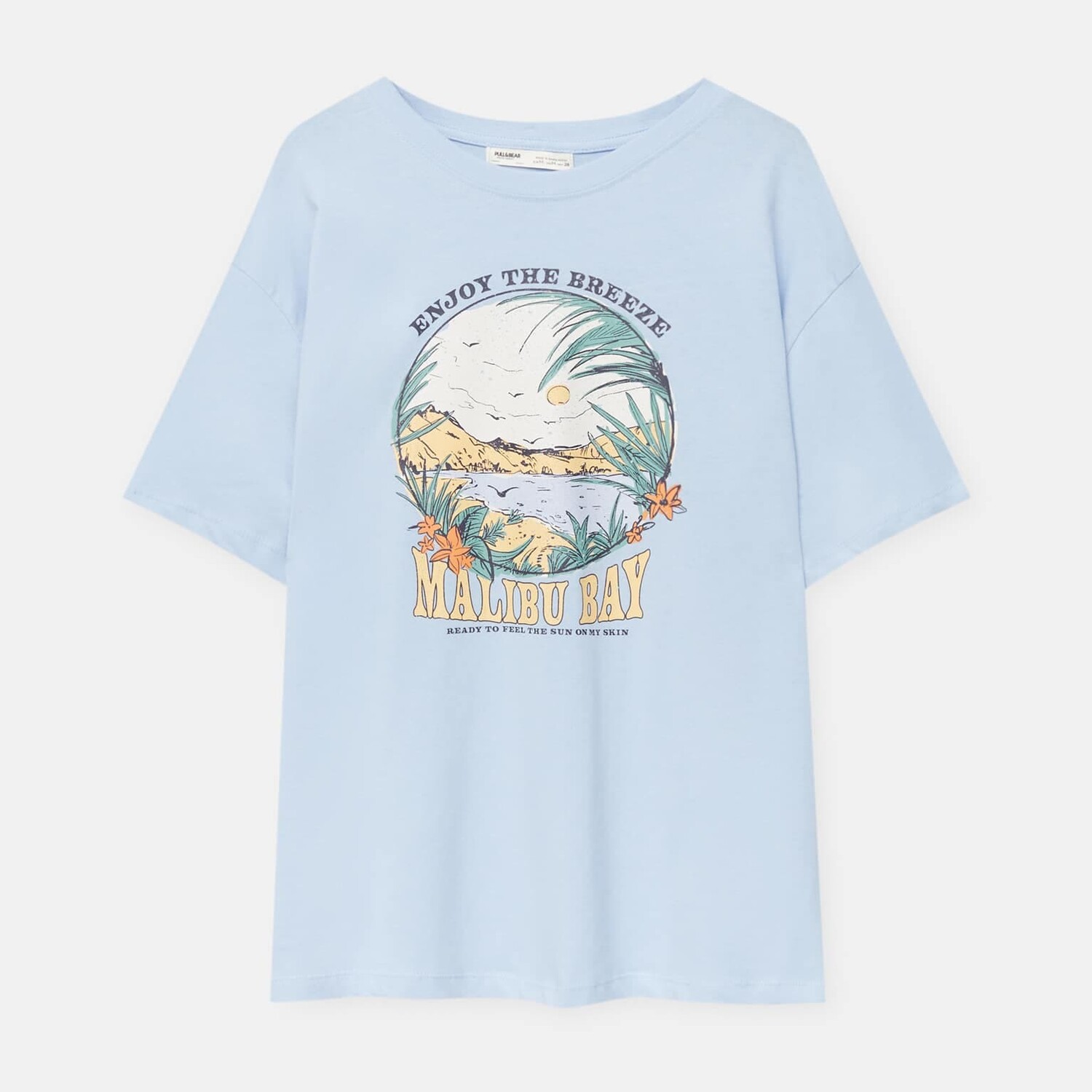 

Футболка Pull&Bear с пейзажной графикой, голубой, Синий