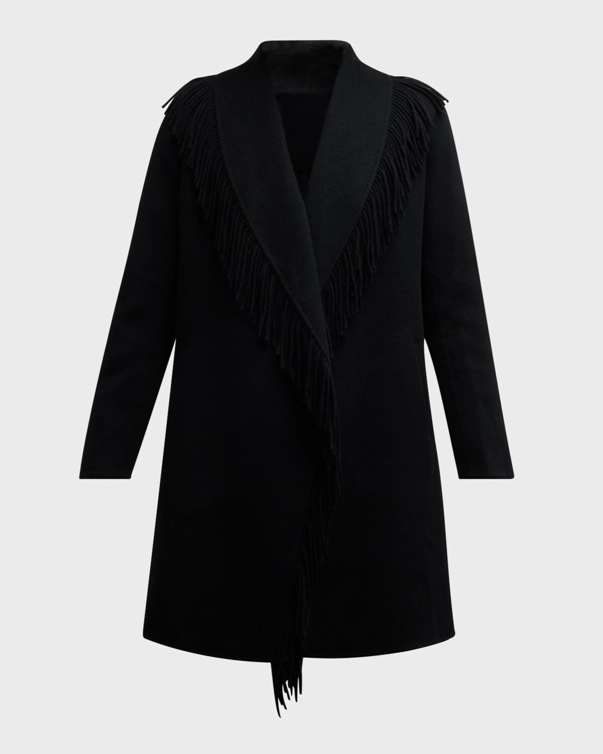 

Кашемировое пальто с запахом и бахромой Neiman Marcus Cashmere Collection, черный