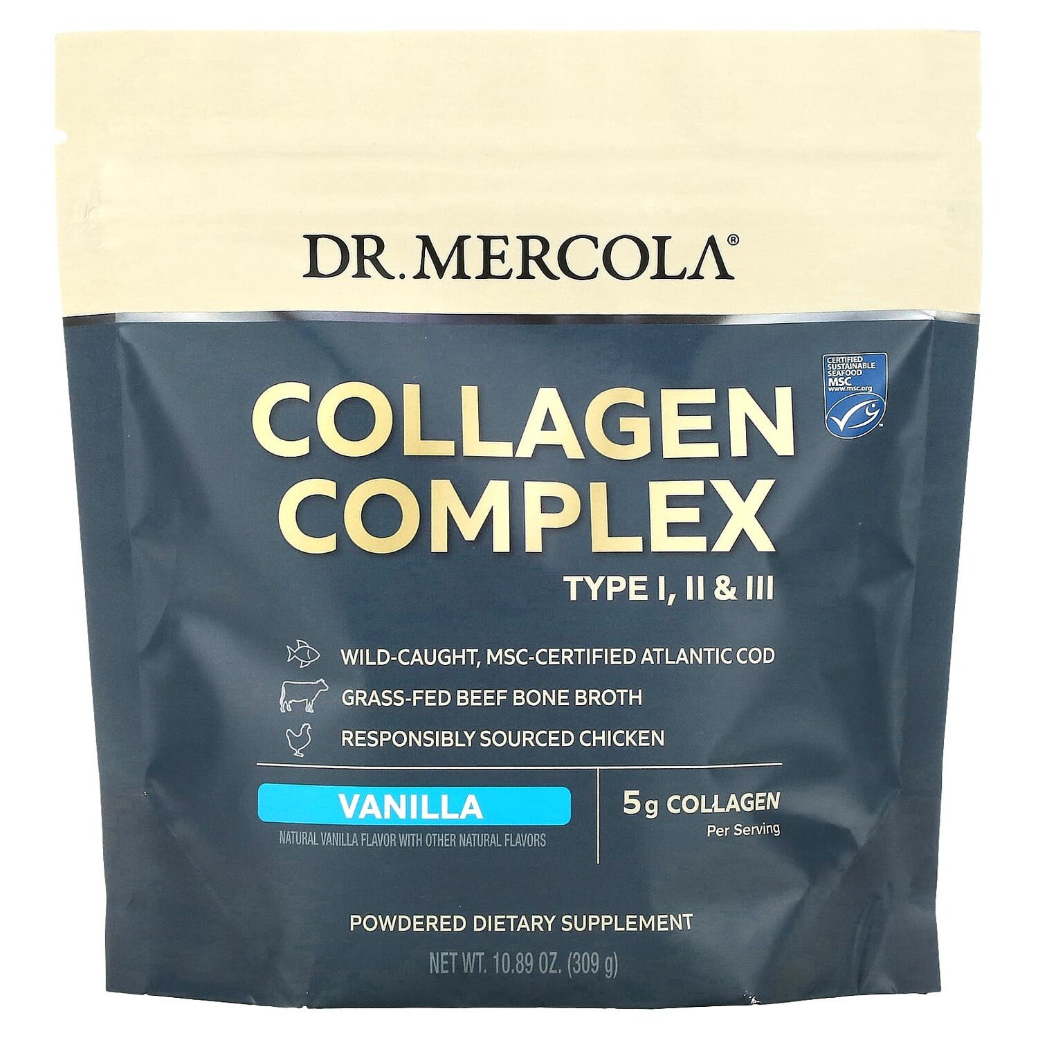 

Collagen Complex Type l, ll & lll, ваниль, 5 г, 309 г (10,89 унции), Dr. Mercola