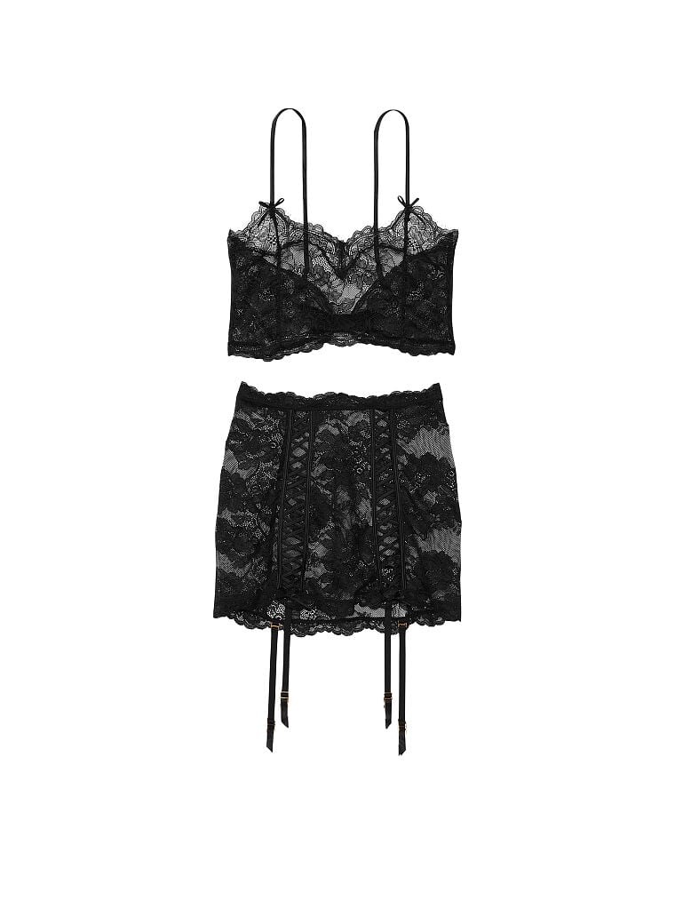 

Комплект Victoria's Secret Lace Crop Top and Garter Skirt, черный
