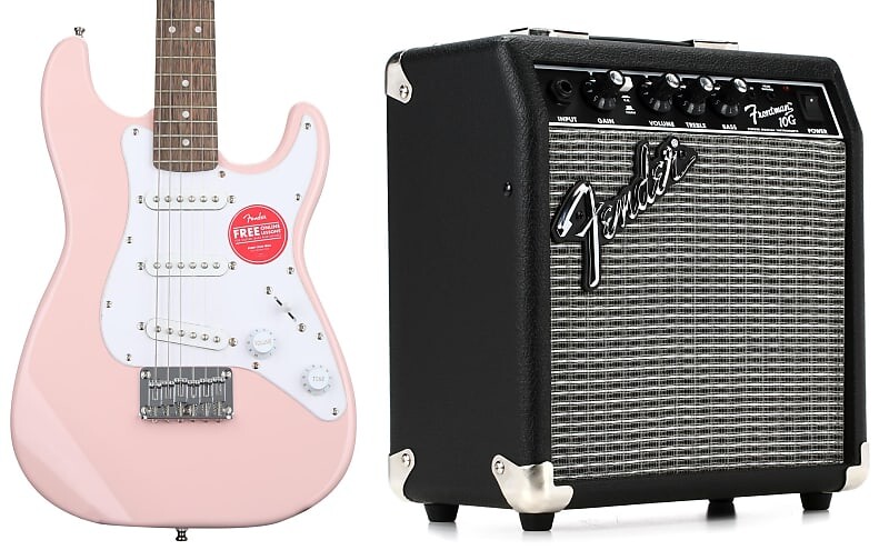 

Электрогитара Squier Mini Strat - розовый цвет с накладкой на гриф Laurel в комплекте с Fender Frontman 10G 1x6 "10-ваттный комбоусилитель Fender + Squier 2311000000=1 0370121556=1