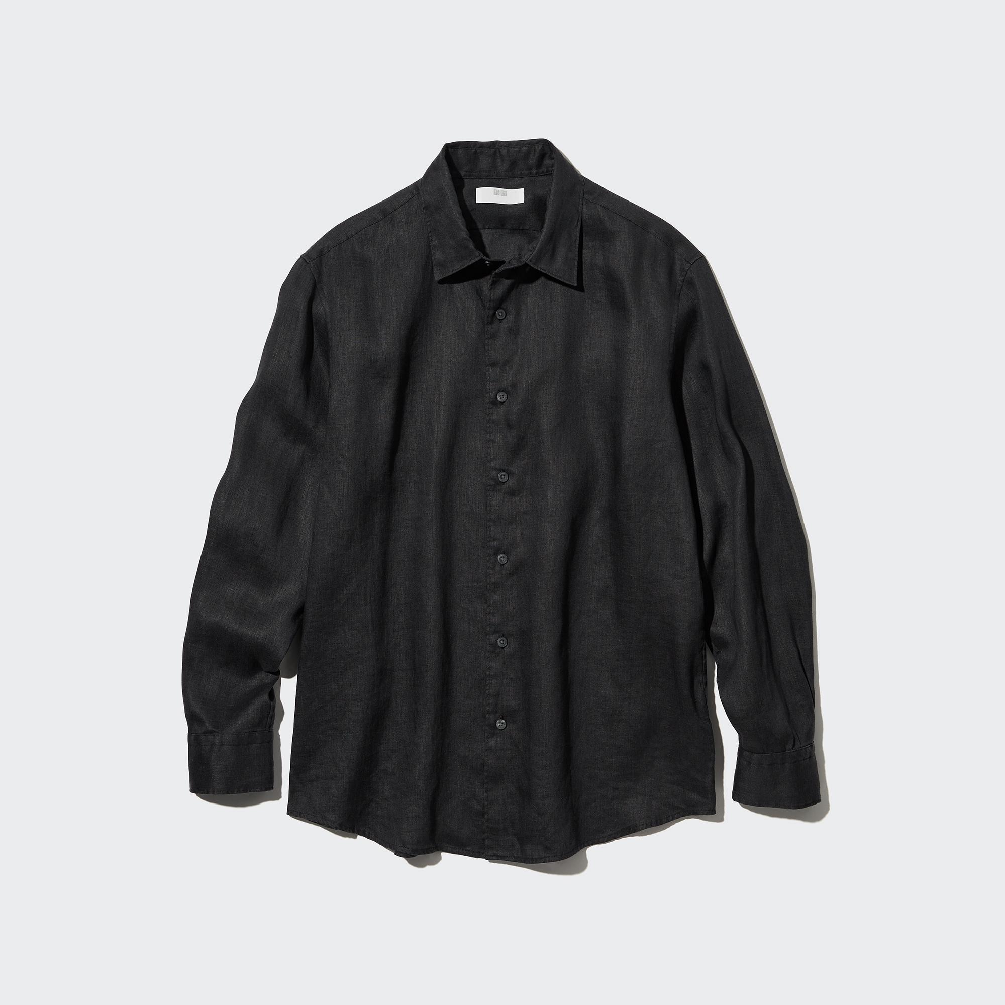 Рубашка UNIQLO льняная премиум-класса, черный рубашка uniqlo льняная премиум класса светло серый
