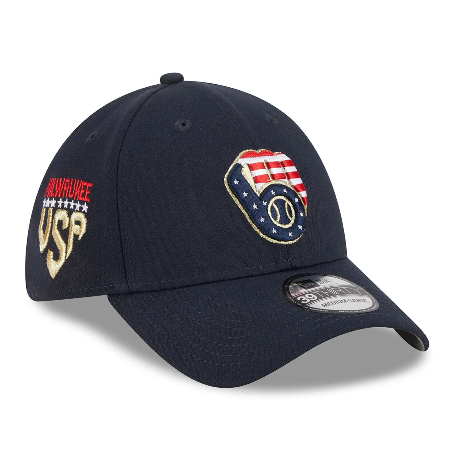 

Мужская кепка New Era Navy Milwaukee Brewers 4 июля 39THIRTY Flex Fit, 2023 г.