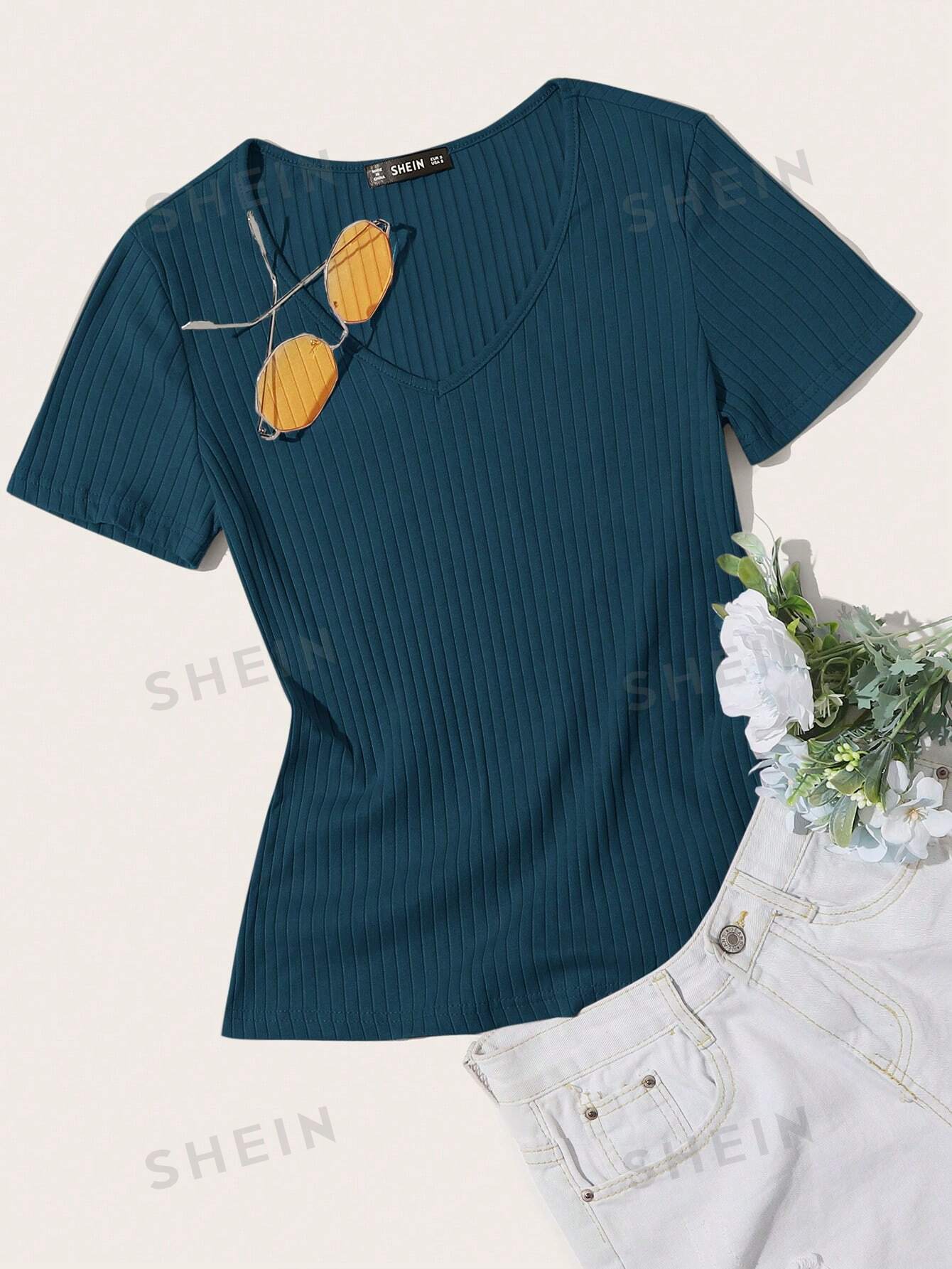SHEIN Essnce однотонная повседневная трикотажная футболка в рубчик с короткими рукавами, бирюзовый синий