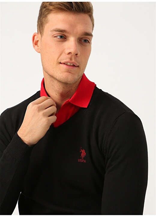 

Однотонный черный мужской свитер с V-образным вырезом U.S. Polo Assn.