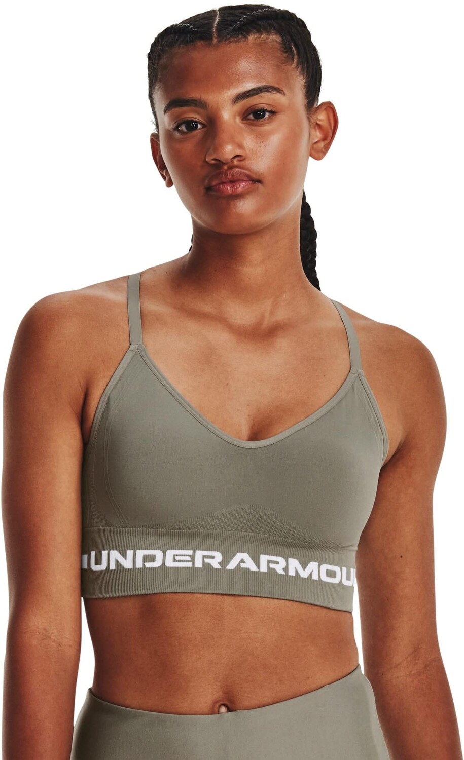 

Бесшовный низкий длинный бюстгальтер Under Armour, цвет Grove Green/White