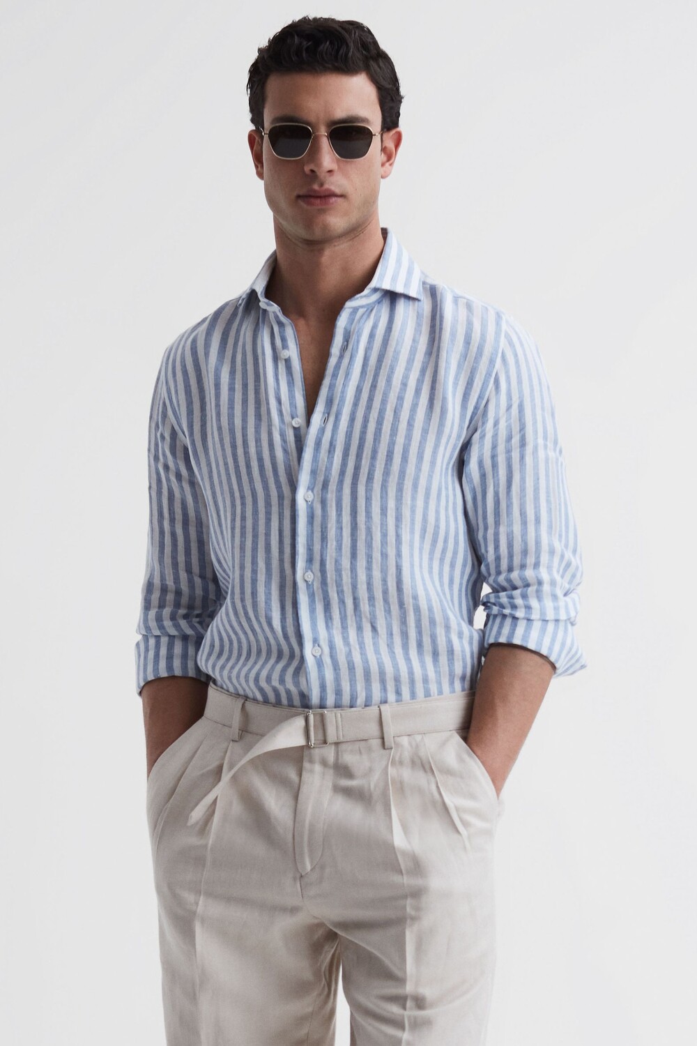 

Рубановая льняная рубашка с длинными рукавами Reiss, синий