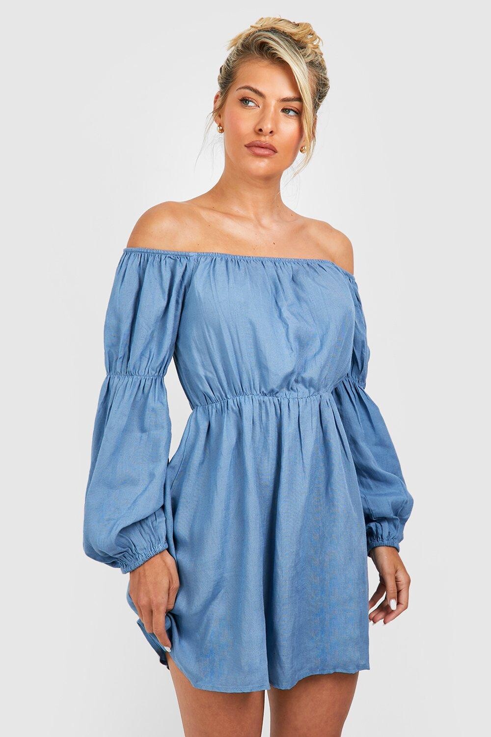 

Льновое мини-платье с объемными рукавами и от плеч Boohoo, синий