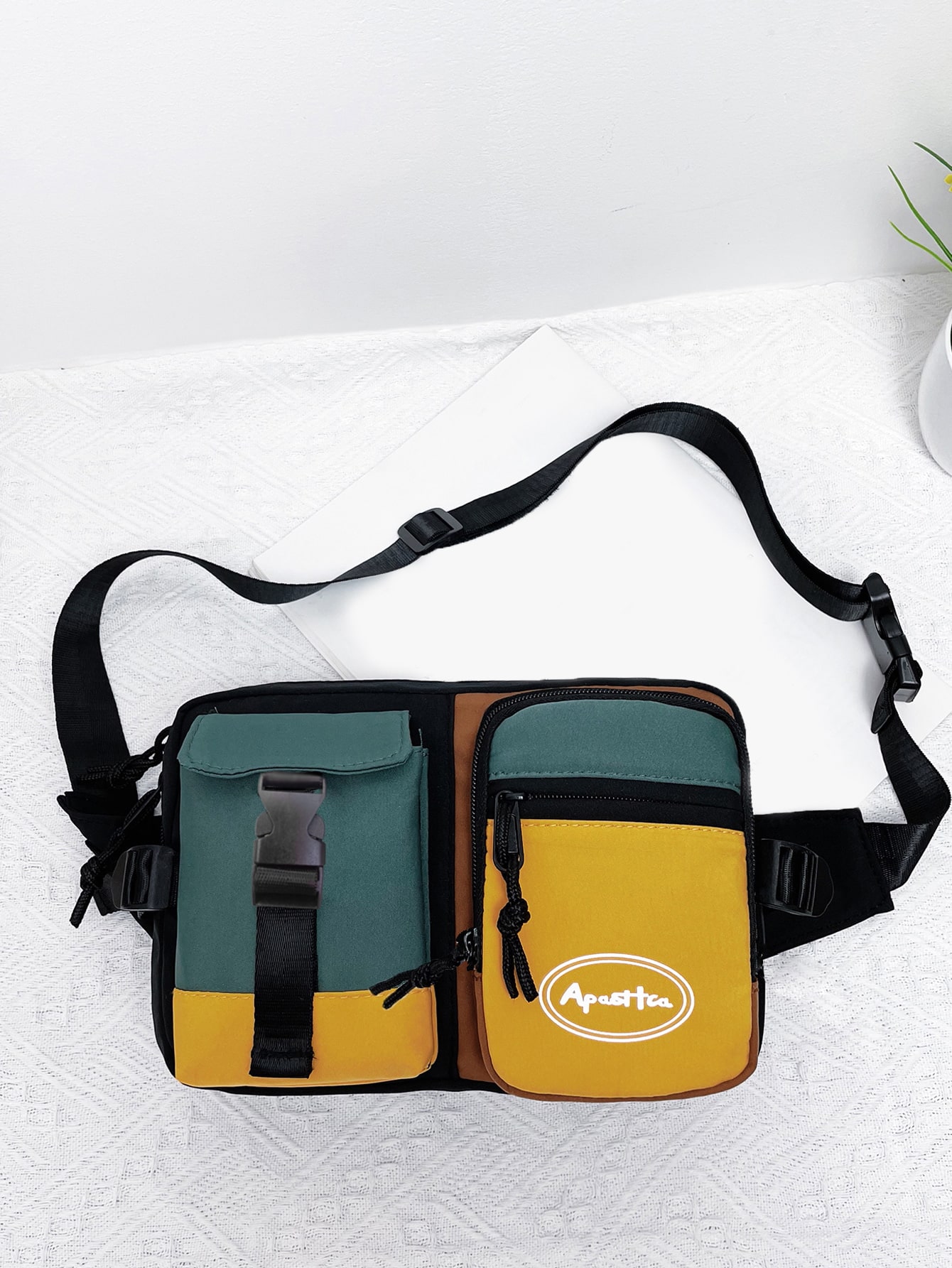 Мужская сумка на ремне с цветными блоками и буквенным принтом, многоцветный поясная сумка 22251 браун