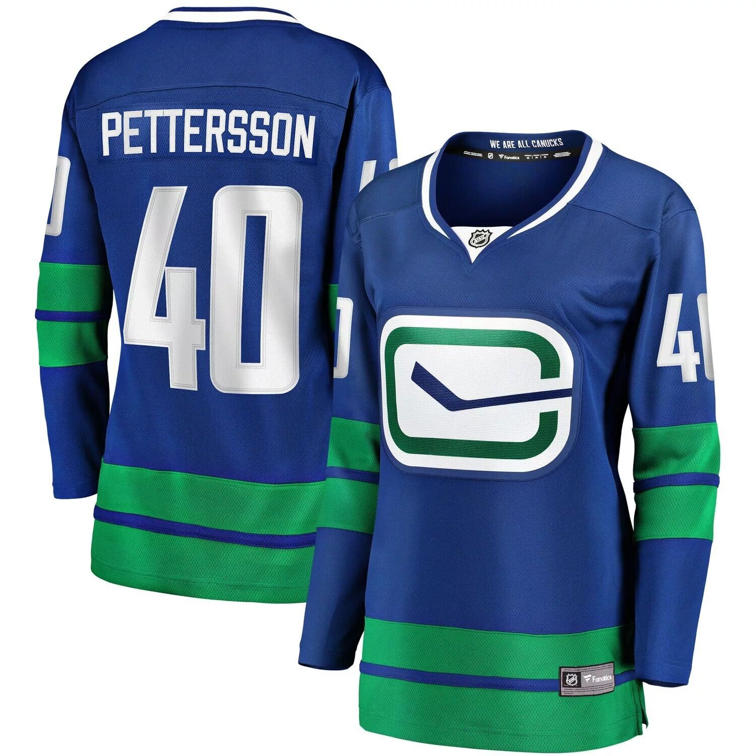 

Женская футболка Fanatics с логотипом Элиаса Петтерссона Royal Vancouver Canucks 2019/20, альтернативная майка отколовшегося игрока Premier Premier Fanatics