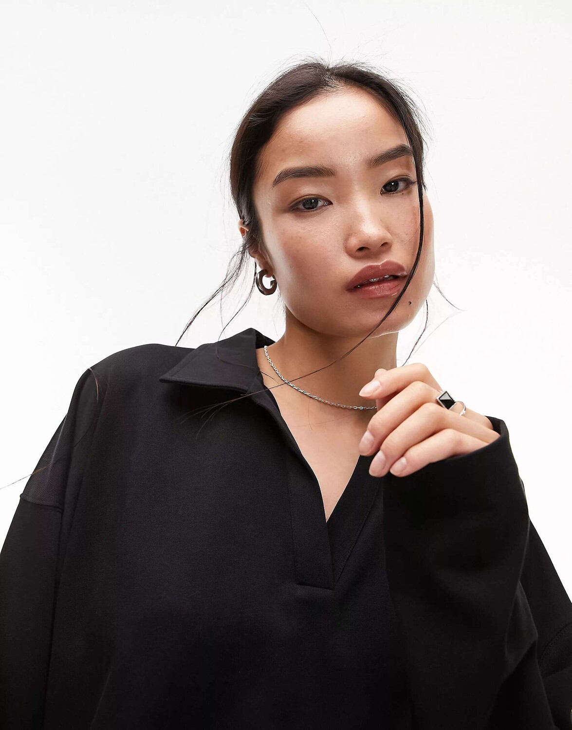 

Черная базовая футболка-поло с длинными рукавами премиум-класса Topshop, Черный