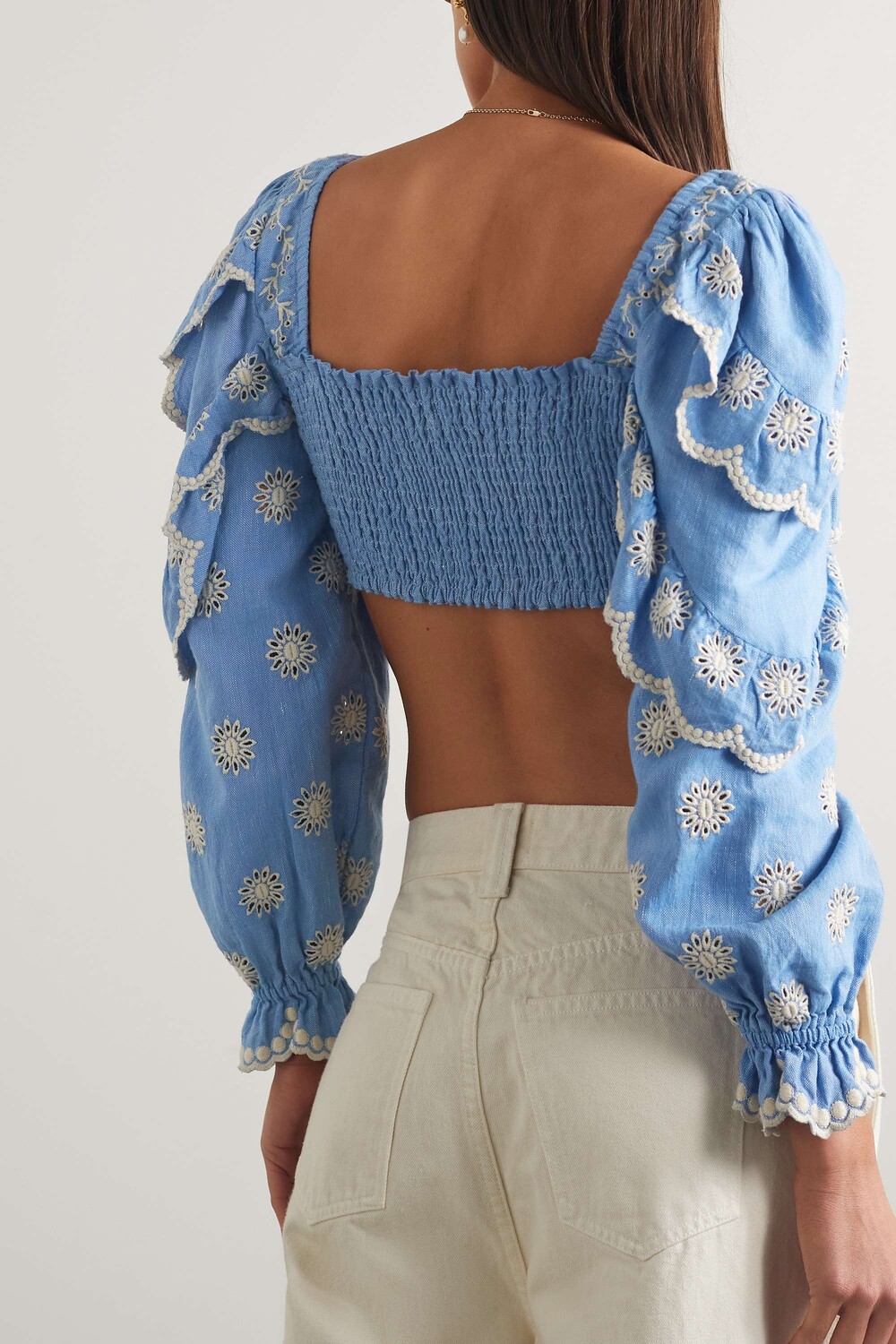 

LOVESHACKFANCY Топ Milanti с завязками спереди и оборками из хлопка и льна с вышивкой бродери англез, синий