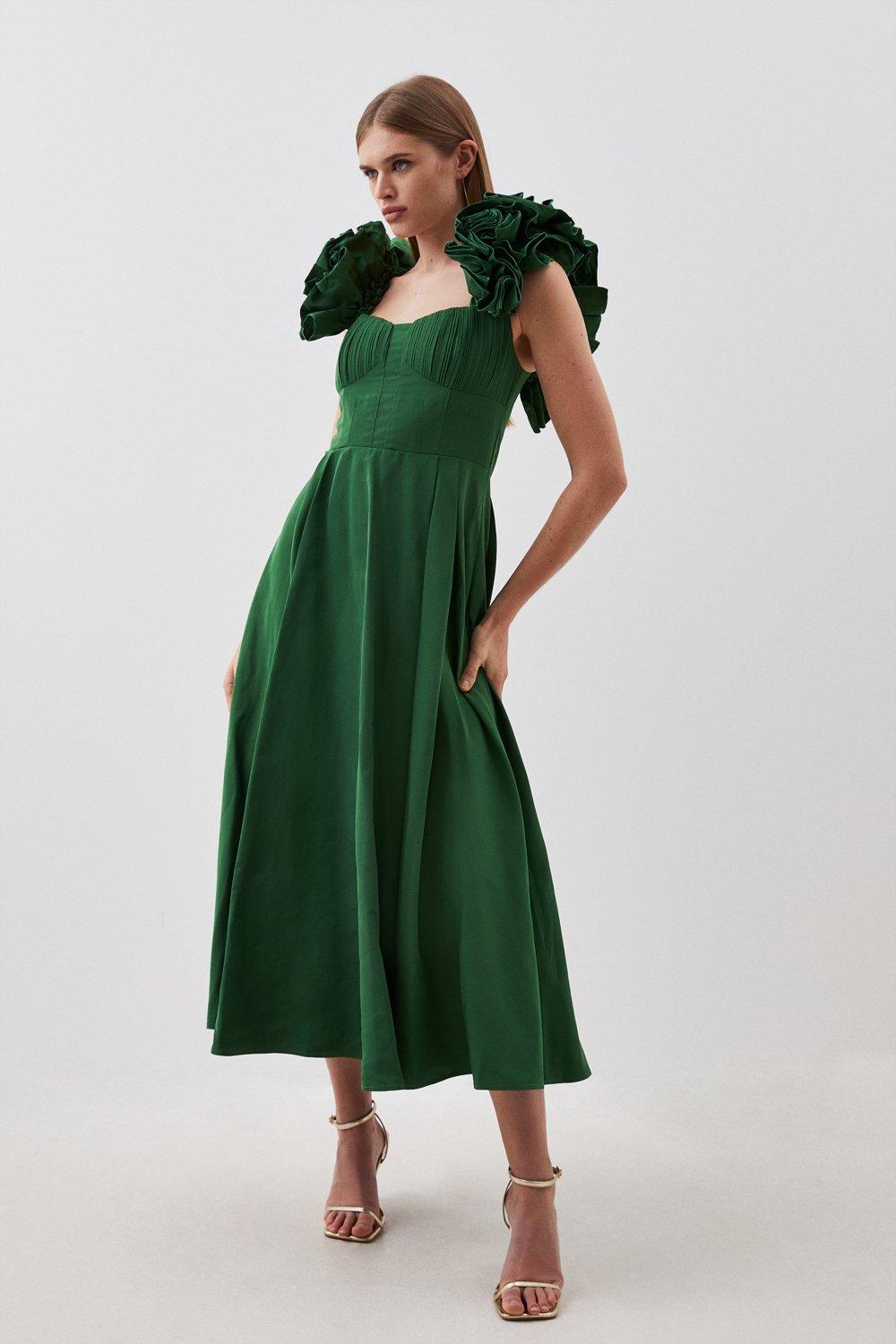 Тканое платье миди из тафты Petite с рюшами Karen Millen, зеленый