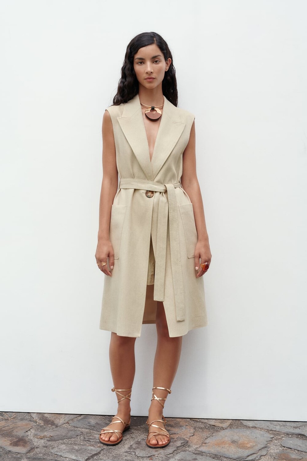

Длинный жилет из смешанной льна ZARA, бежевый
