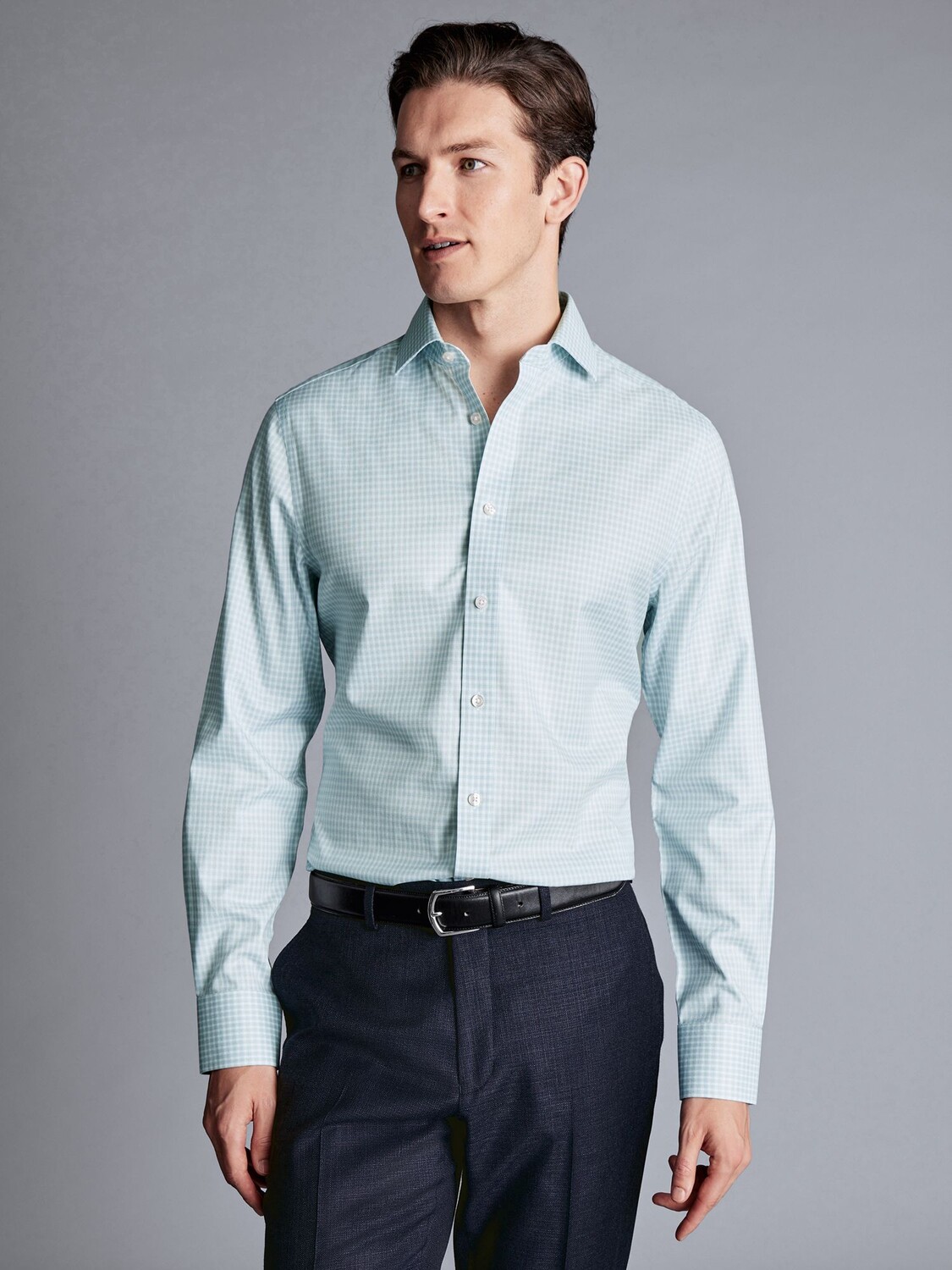 

Рубашка узкого кроя с вырезом в двойную клетку без глажки Charles Tyrwhitt, бледно-бирюзовый зеленый